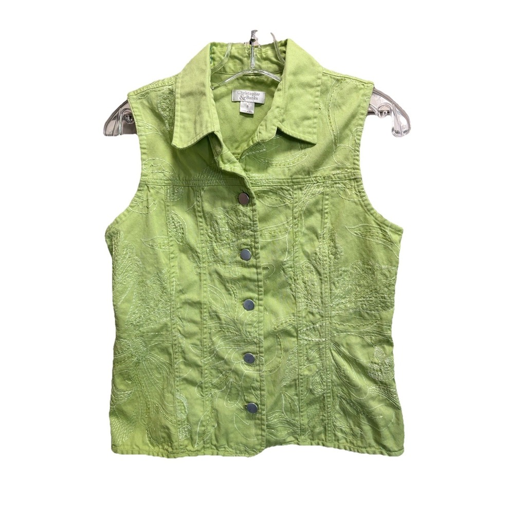 Christopher & Banks Lime Green Denim Vest Small Button Up Beaded Florals